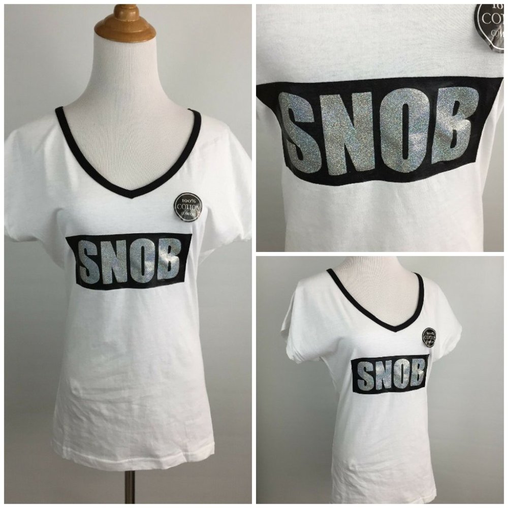 NWT BODY FROSTING White Black Glittery Silver SNOB Print Short Sleeve Shirt Tee